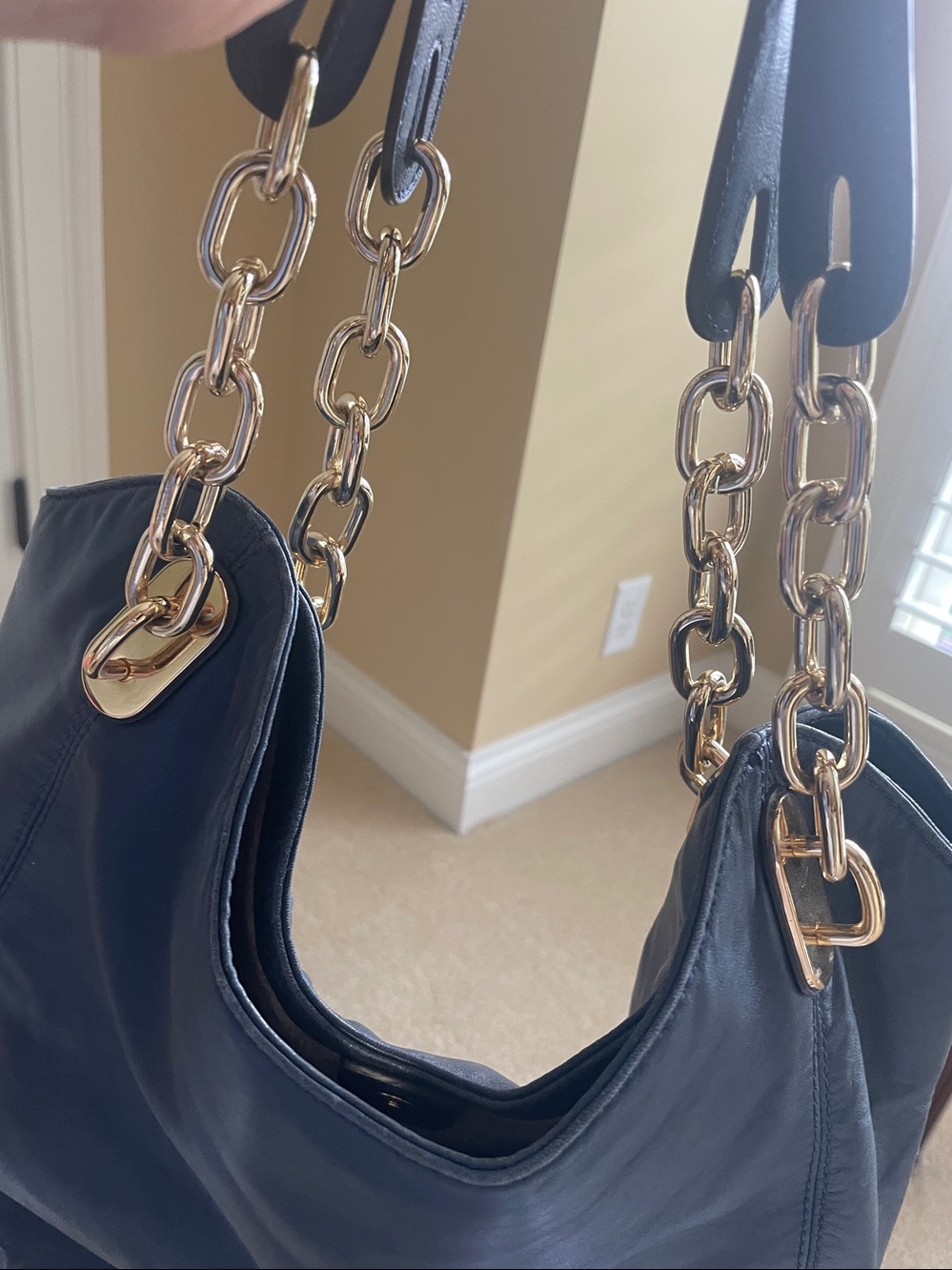 Michael Kors Navy Lambskin Soft Leather Chain-Handle Hobo Bag - Picture 8 of 8